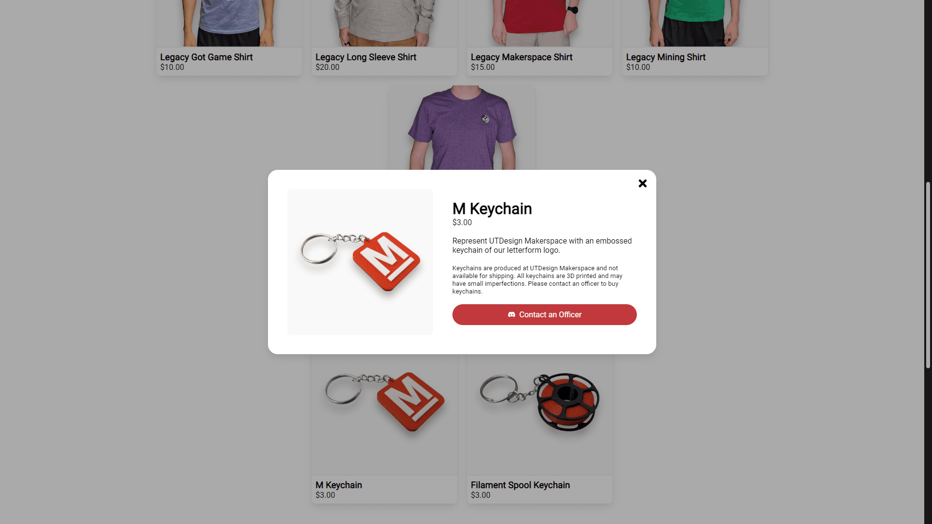 A modal showing a keychain and how to purchase it