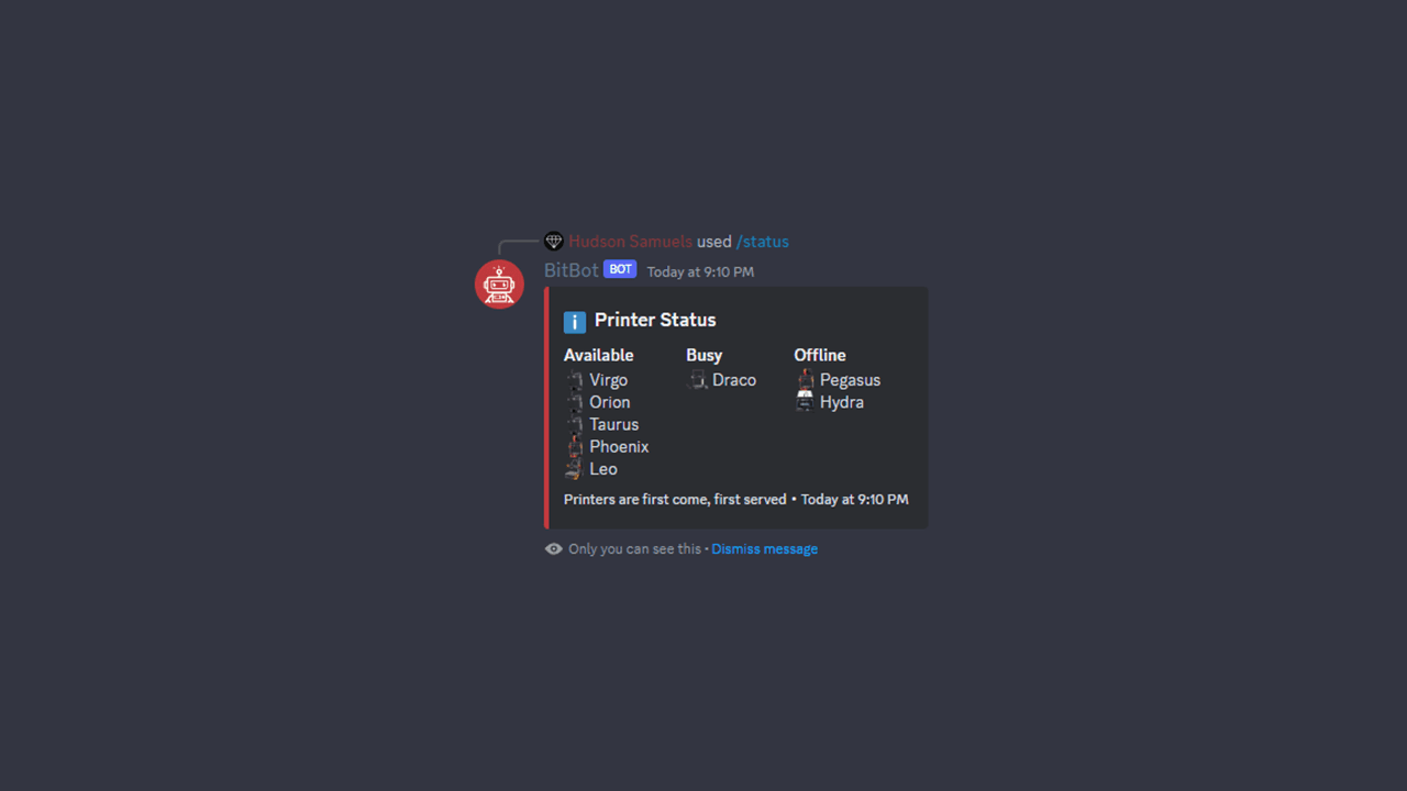 BitBot status command result showing all printers in the farm